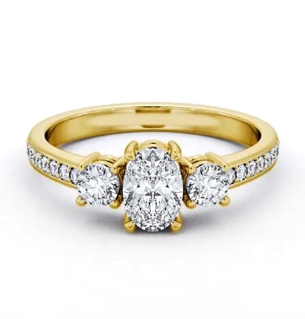Three Stone Oval and Round Ring 18K Yellow Gold with Side Stones TH63_YG_THUMB1