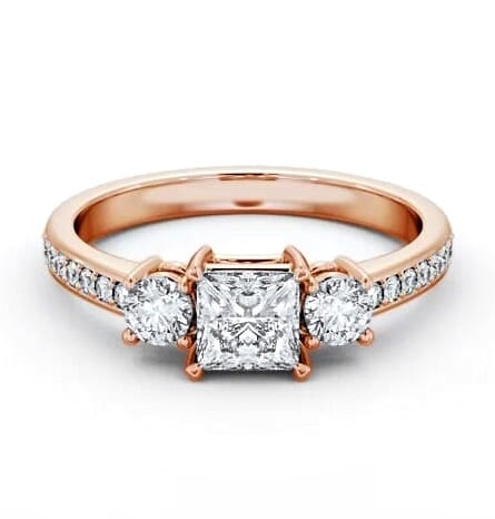 Three Stone Princess and Round Ring 18K Rose Gold with Side Stones TH64_RG_THUMB1