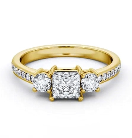 Three Stone Princess and Round Ring 18K Yellow Gold with Side Stones TH64_YG_THUMB1