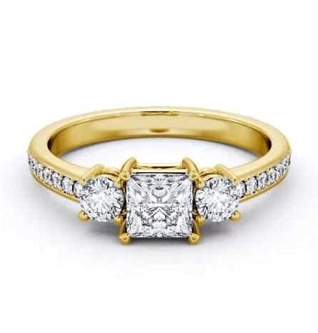Three Stone Princess and Round Ring 18K Yellow Gold with Side Stones TH64_YG_THUMB2 