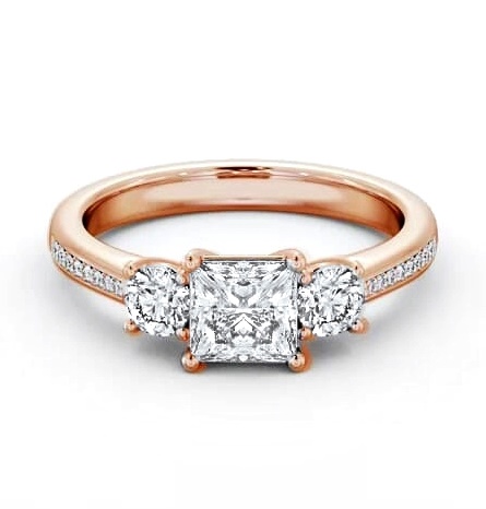 Three Stone Princess and Round Ring 18K Rose Gold with Side Stones TH82_RG_THUMB1