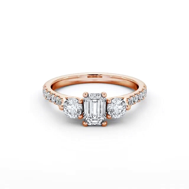 Three Stone Emerald Diamond Ring 18K Rose Gold - Janette TH89_RG_HAND
