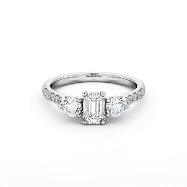 Three Stone Emerald Diamond Ring 9K White Gold - Janette TH89_WG_HAND
