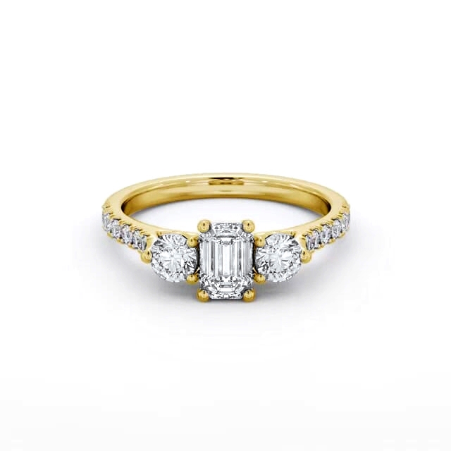 Three Stone Emerald Diamond Ring 9K Yellow Gold - Janette TH89_YG_HAND