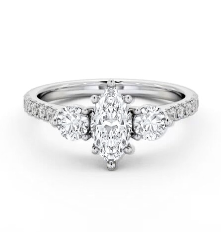 Three Stone Marquise and Round Diamond Ring Platinum with Side Stones TH90_WG_THUMB2 